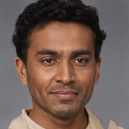 Joyful latino young-adult male with short  brown hair and brown eyes