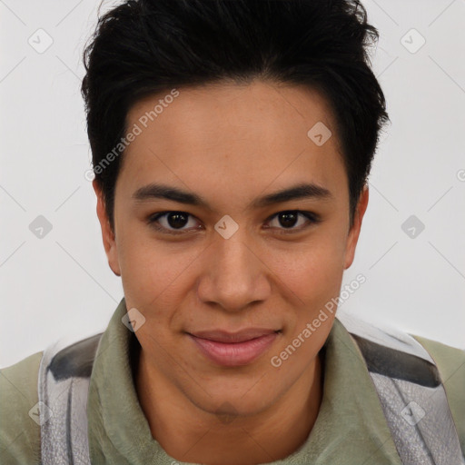 Joyful asian young-adult female with short  brown hair and brown eyes