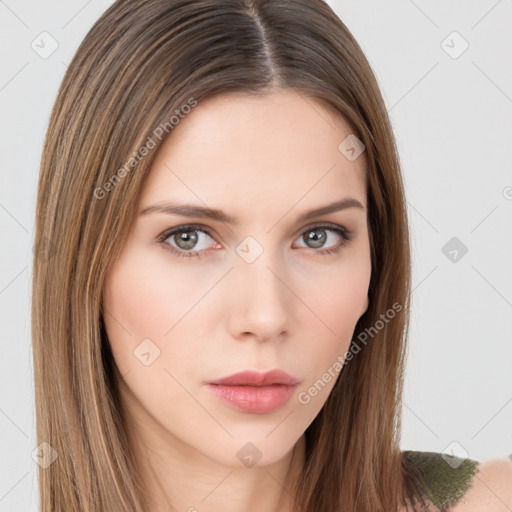 Neutral white young-adult female with long  brown hair and brown eyes