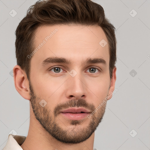 Neutral white young-adult male with short  brown hair and brown eyes