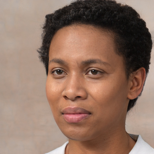 Joyful black young-adult female with short  brown hair and brown eyes