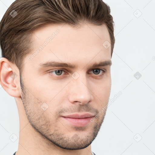 Neutral white young-adult male with short  brown hair and grey eyes