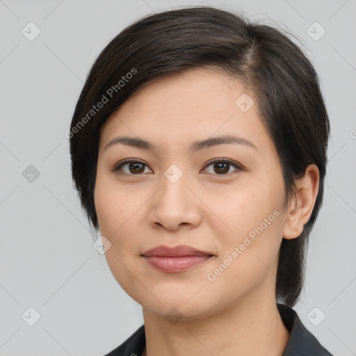 Joyful white young-adult female with medium  brown hair and brown eyes