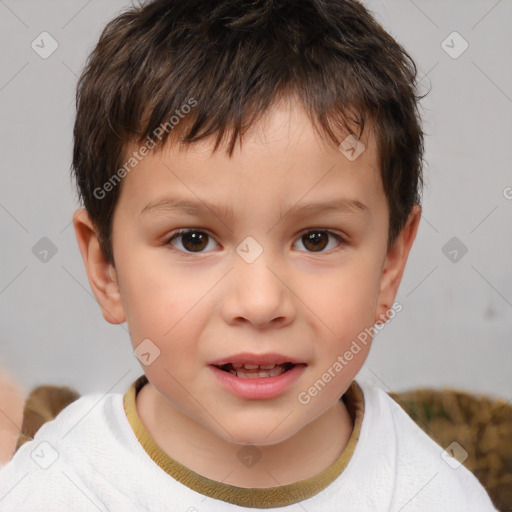 Joyful white child male with short  brown hair and brown eyes