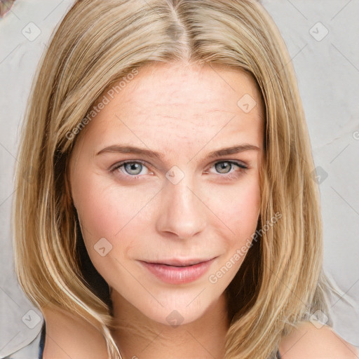 Joyful white young-adult female with medium  brown hair and blue eyes