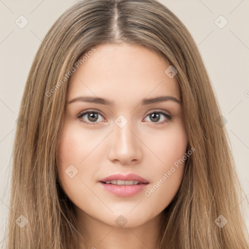 Neutral white young-adult female with long  brown hair and brown eyes