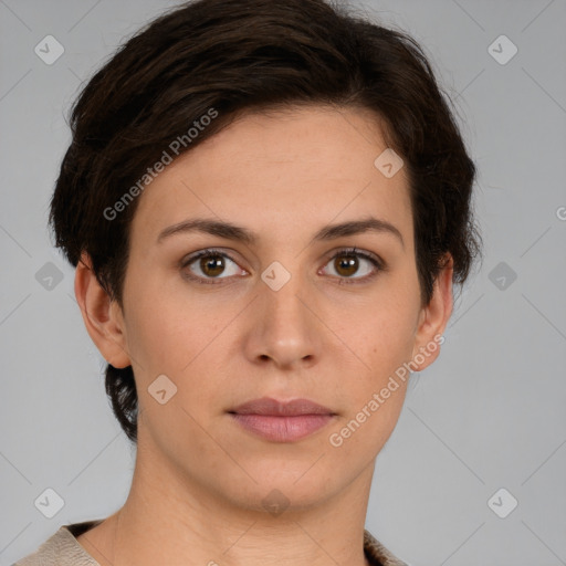 Neutral white young-adult female with short  brown hair and brown eyes