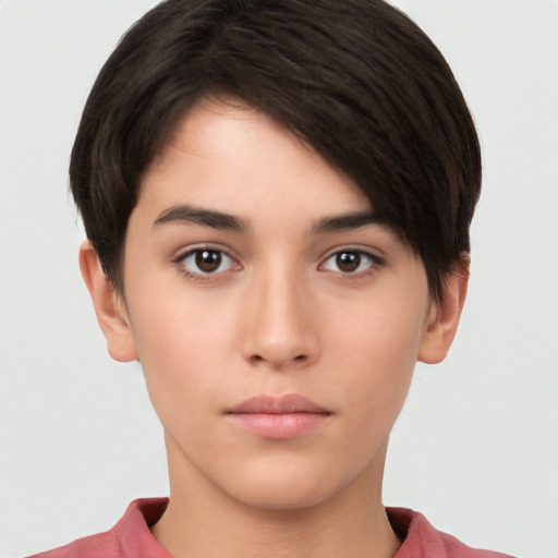 Neutral white young-adult female with short  brown hair and brown eyes