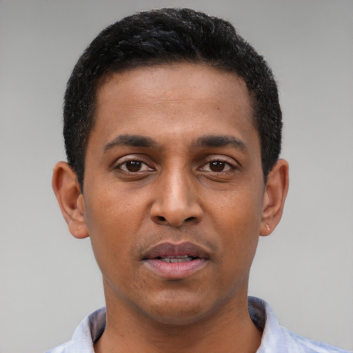 Neutral black young-adult male with short  black hair and brown eyes