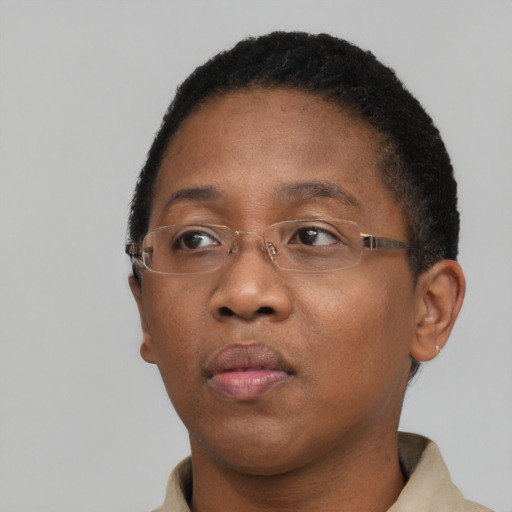 Neutral black adult female with short  brown hair and brown eyes