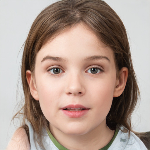 Neutral white child female with medium  brown hair and grey eyes