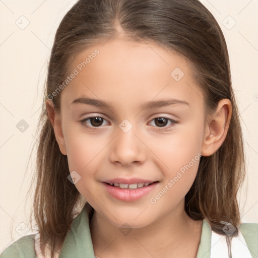 Joyful white child female with medium  brown hair and brown eyes