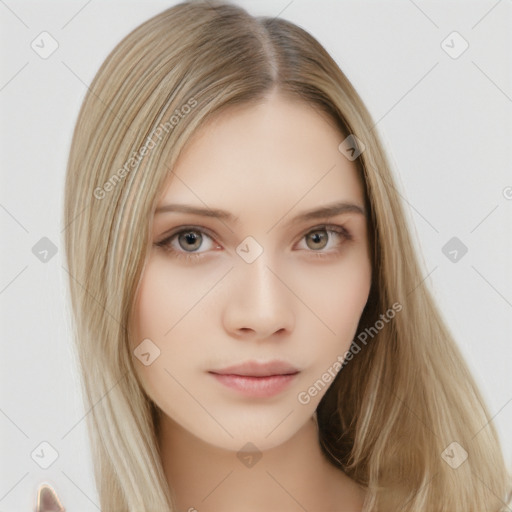 Neutral white young-adult female with long  brown hair and brown eyes