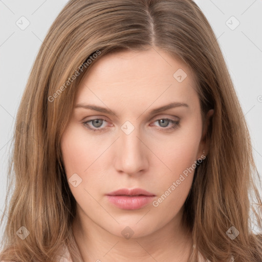 Neutral white young-adult female with long  brown hair and grey eyes