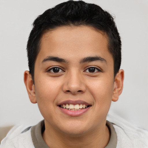 Joyful latino young-adult male with short  brown hair and brown eyes