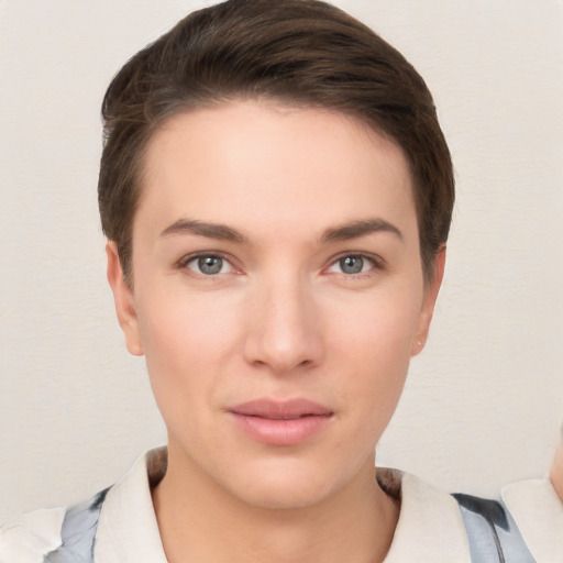 Neutral white young-adult female with short  brown hair and brown eyes