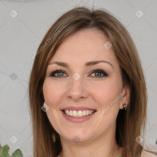 Joyful white young-adult female with long  brown hair and green eyes