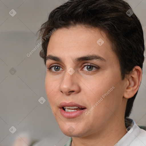 Joyful white young-adult female with short  brown hair and brown eyes