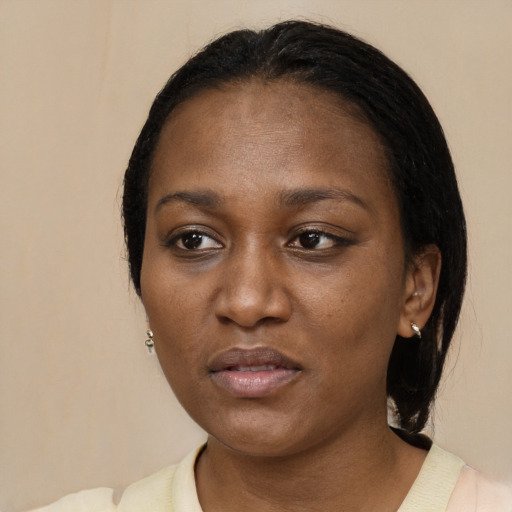 Joyful black adult female with medium  black hair and brown eyes