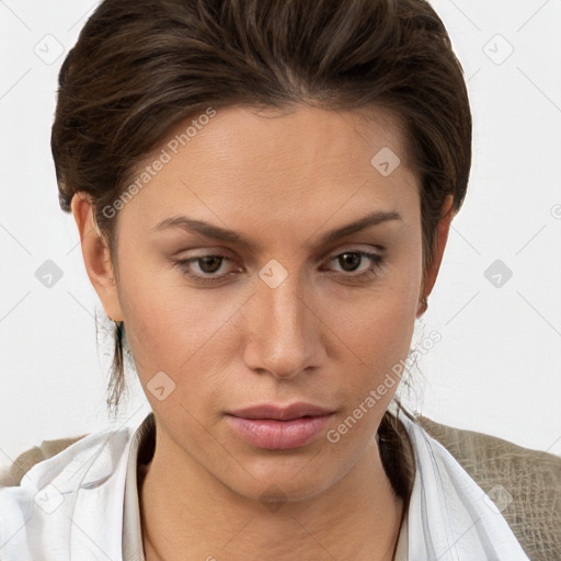 Neutral white young-adult female with medium  brown hair and brown eyes