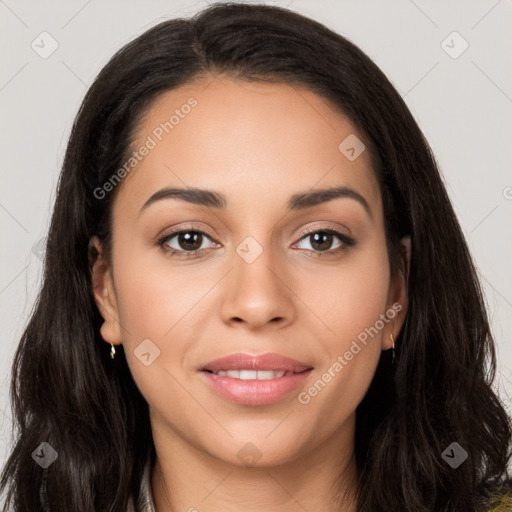 Joyful white young-adult female with long  black hair and brown eyes