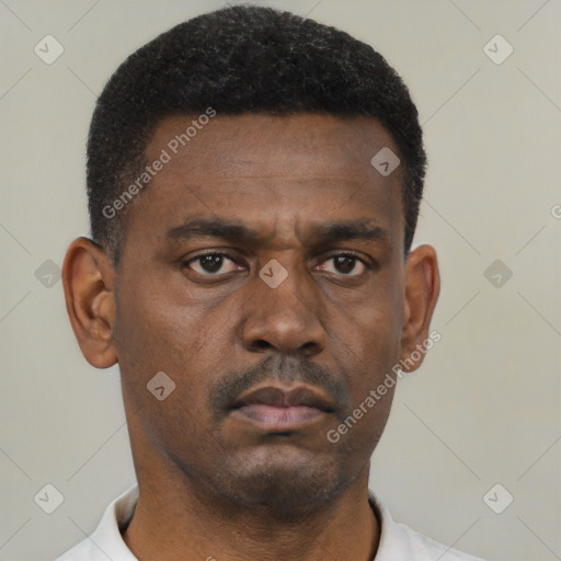 Neutral black young-adult male with short  black hair and brown eyes