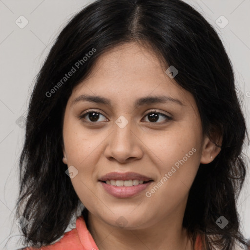 Joyful asian young-adult female with long  brown hair and brown eyes