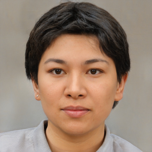 Neutral asian young-adult female with short  brown hair and brown eyes