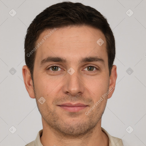 Joyful white young-adult male with short  brown hair and brown eyes