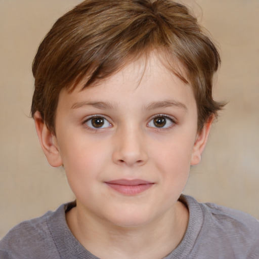 Joyful white child female with short  brown hair and brown eyes