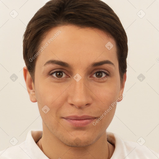 Joyful white young-adult female with short  brown hair and brown eyes