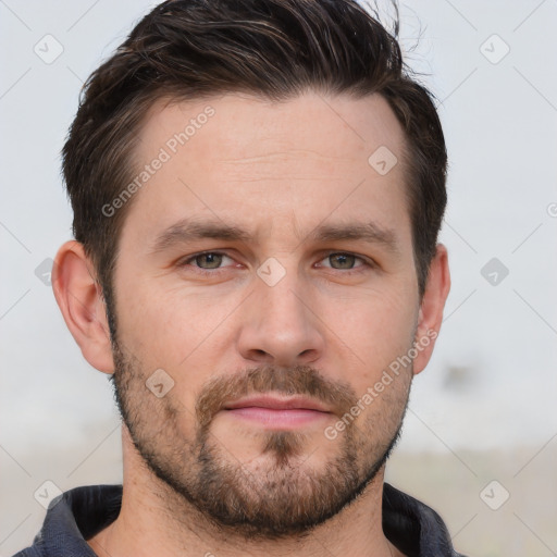 Neutral white young-adult male with short  brown hair and brown eyes