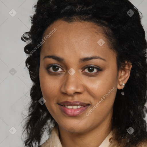 Joyful black young-adult female with medium  brown hair and brown eyes