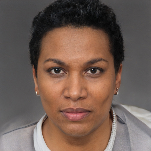 Neutral black adult female with short  black hair and brown eyes