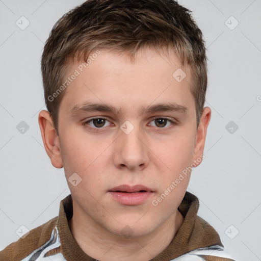 Neutral white young-adult male with short  brown hair and brown eyes