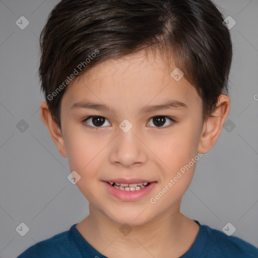 Joyful white child female with short  brown hair and brown eyes