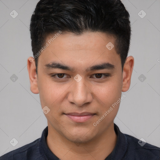 Joyful white young-adult male with short  black hair and brown eyes