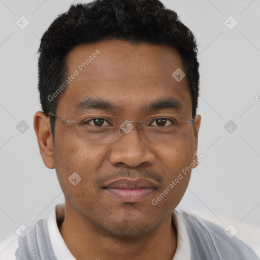 Joyful black young-adult male with short  brown hair and brown eyes