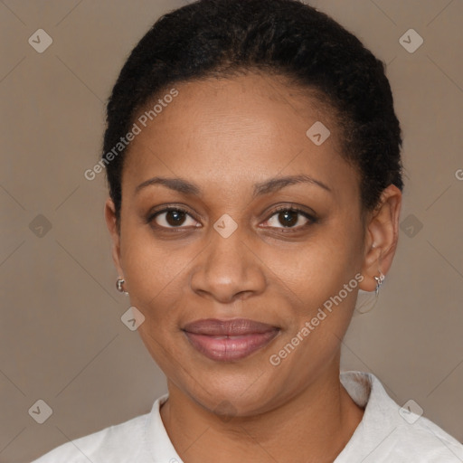 Joyful black young-adult female with short  black hair and brown eyes