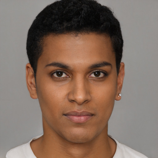 Neutral black young-adult male with short  black hair and brown eyes