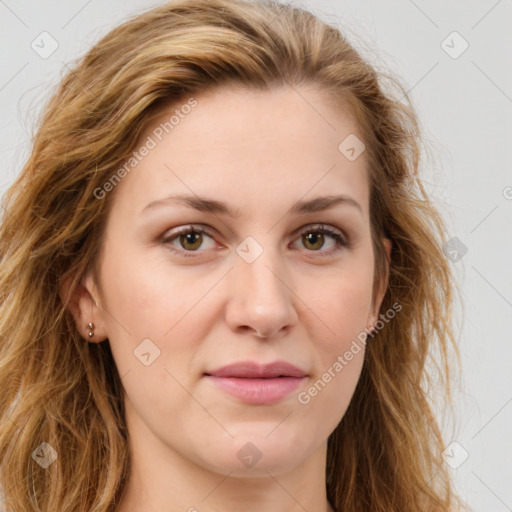 Joyful white young-adult female with long  brown hair and green eyes