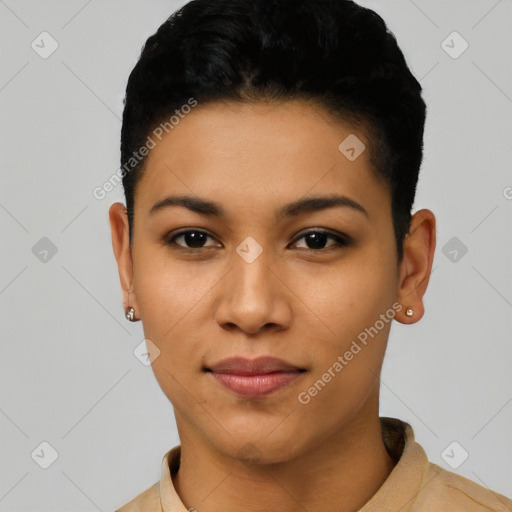 Neutral latino young-adult female with short  black hair and brown eyes