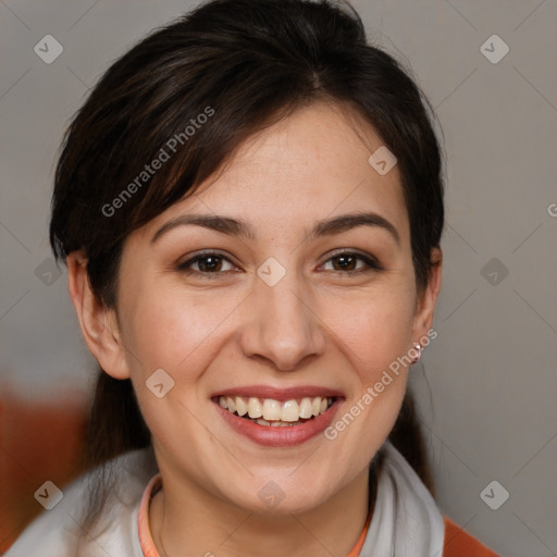 Joyful white young-adult female with medium  brown hair and brown eyes