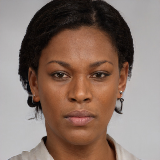 Neutral black young-adult female with short  brown hair and brown eyes
