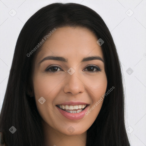 Joyful white young-adult female with long  black hair and brown eyes