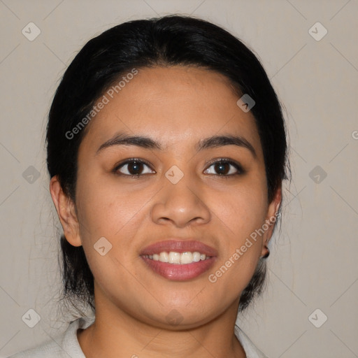 Joyful asian young-adult female with medium  black hair and brown eyes