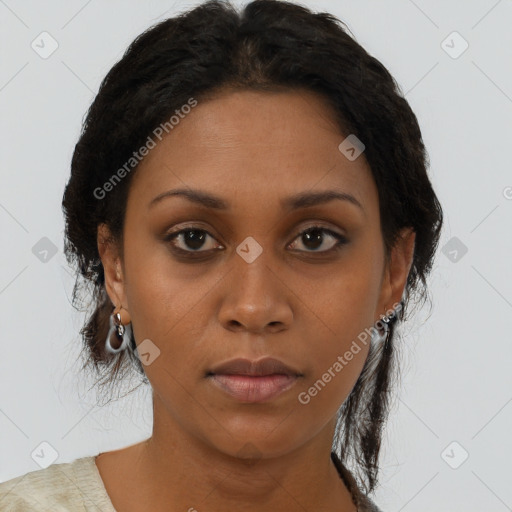 Neutral black young-adult female with long  brown hair and brown eyes