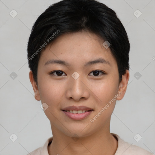 Joyful asian young-adult female with short  brown hair and brown eyes