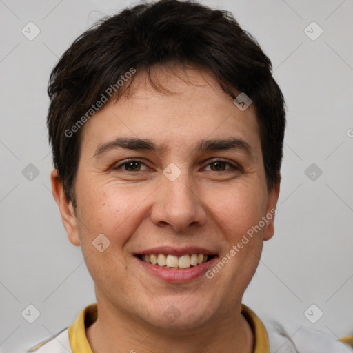 Joyful white young-adult female with short  brown hair and brown eyes