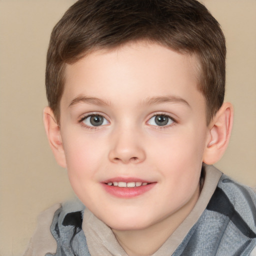 Joyful white child male with short  brown hair and brown eyes